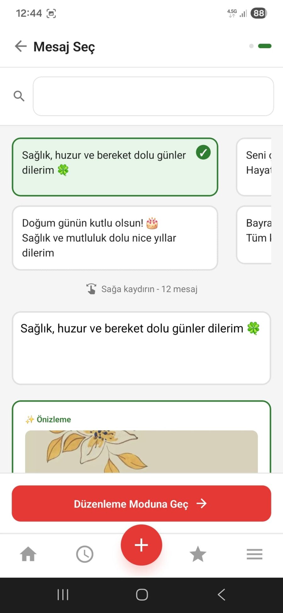 Mesaj seç ekranı
